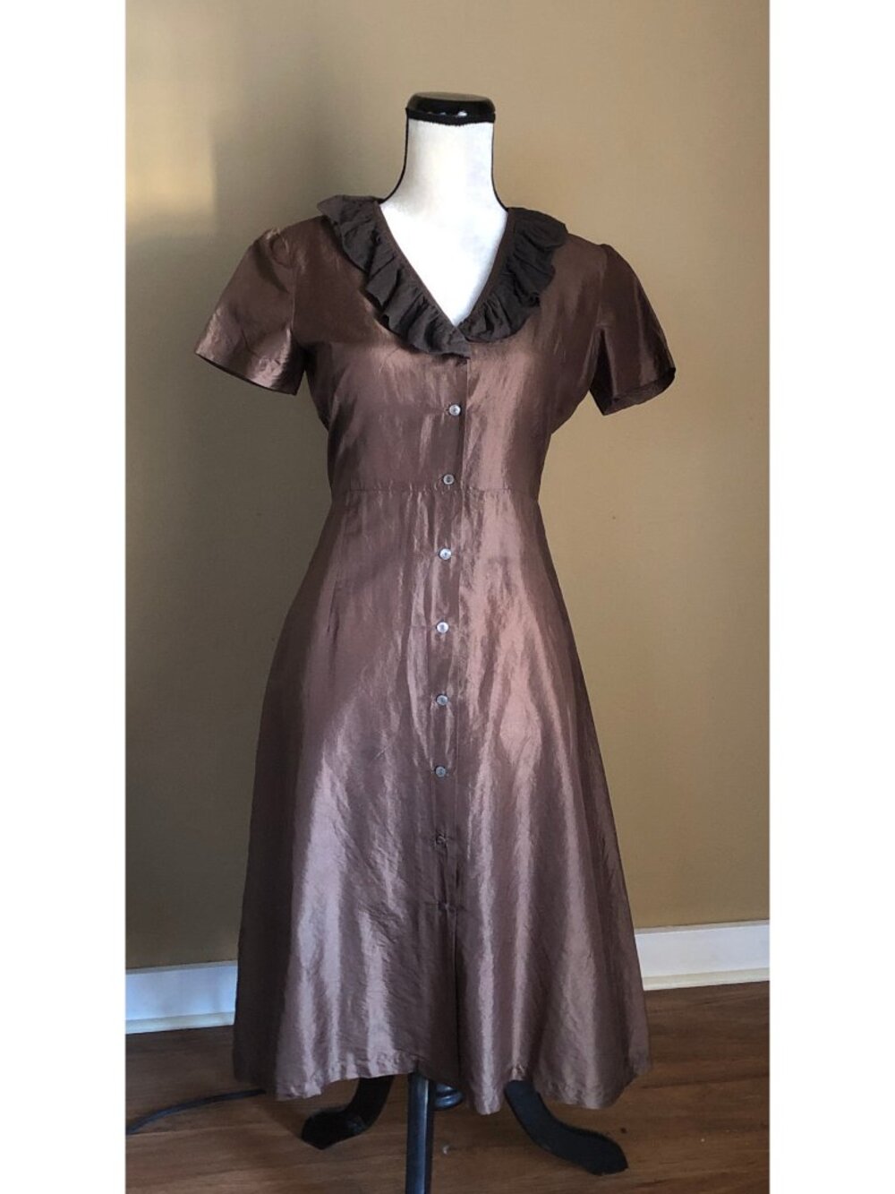 Dosa brown silk ruffle collar shirtdress size 1
